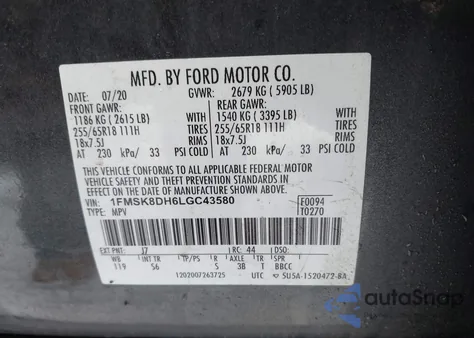 2020 Ford Explorer Xlt z USA, uszkodzony, nr VIN 1FMSK8DH6LGC43580